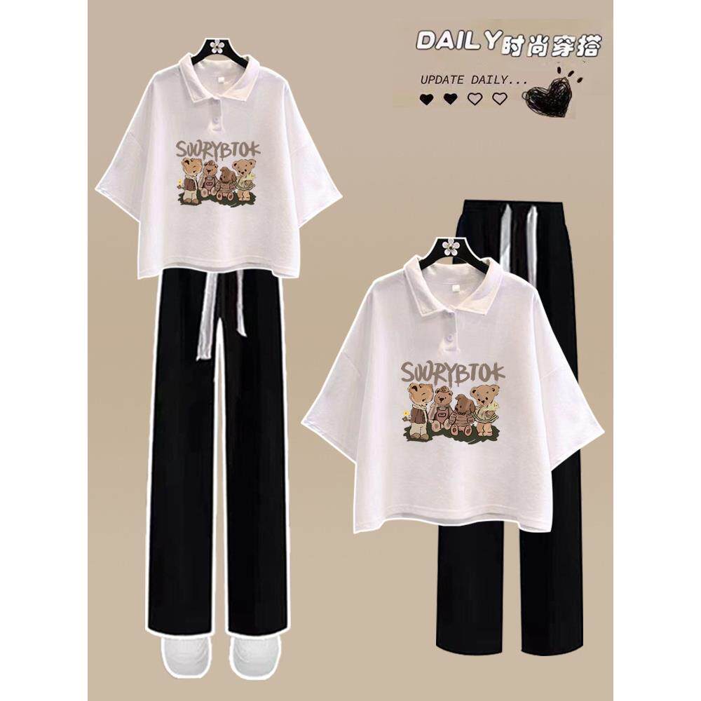 休闲套装女夏季2026新款初中学生Polo领短款短袖T恤+阔腿裤两件套