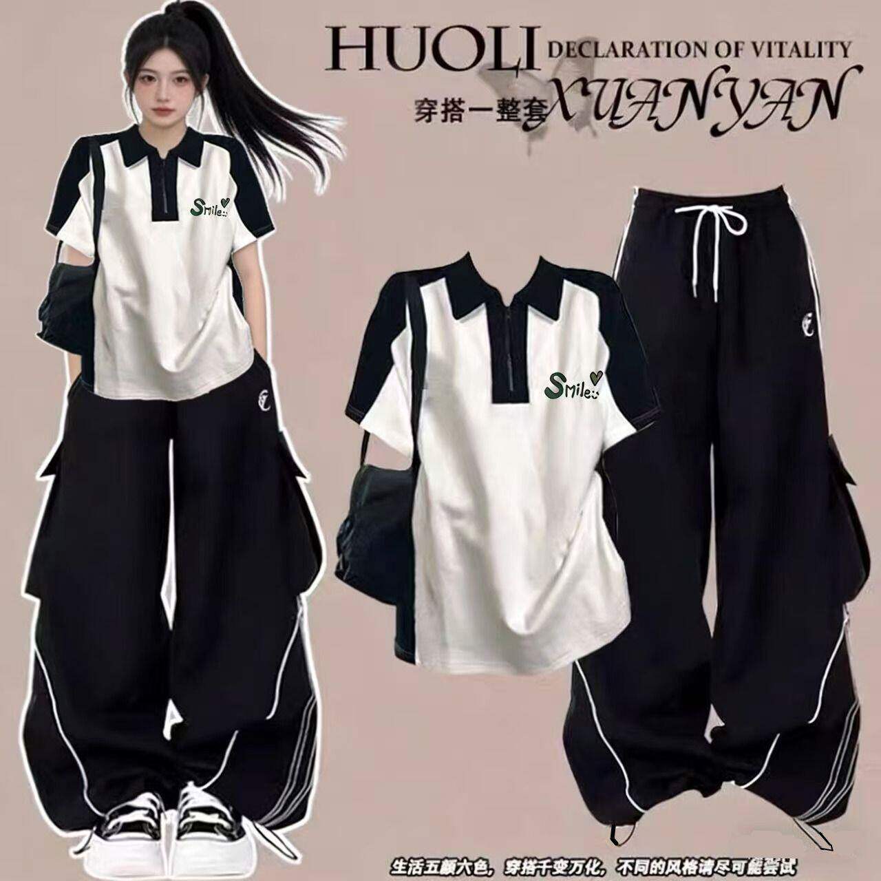 夏季男女同款短袖套装女大童2026新款高中初中学生工装裤两件套装