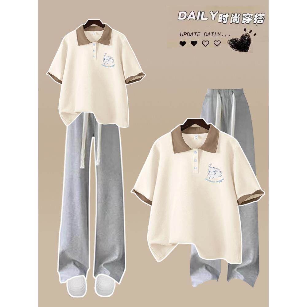 15少女夏季套装Polo短袖16高中12初中学生14-17女孩阔腿裤两件套