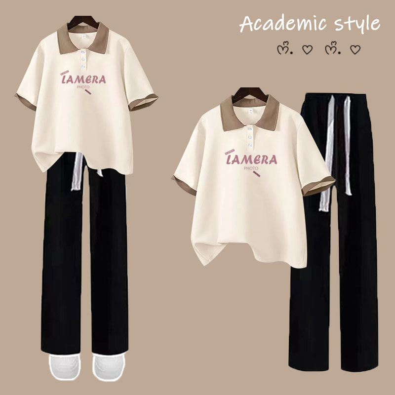 日系学院风运动服套装女夏季工装polo衫短袖长裤小个子休闲两件套