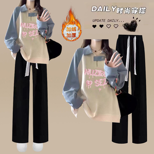 高中女生卫衣加绒加厚大童秋冬款初中学生洋气冬季上衣甜美学院风