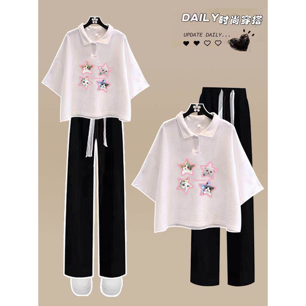 初中生短袖两件套时尚女孩休闲运动套装中学生夏季少女polo衫t恤