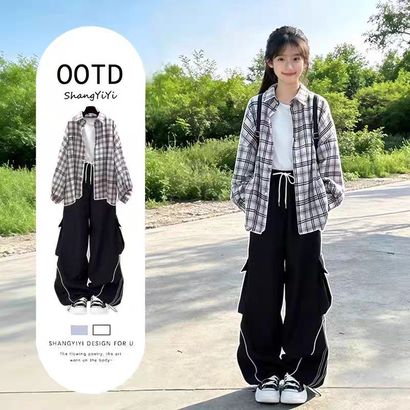 春夏穿搭一整套学院风防晒衬衫套装少女2026超火酷飒工装裤三件套