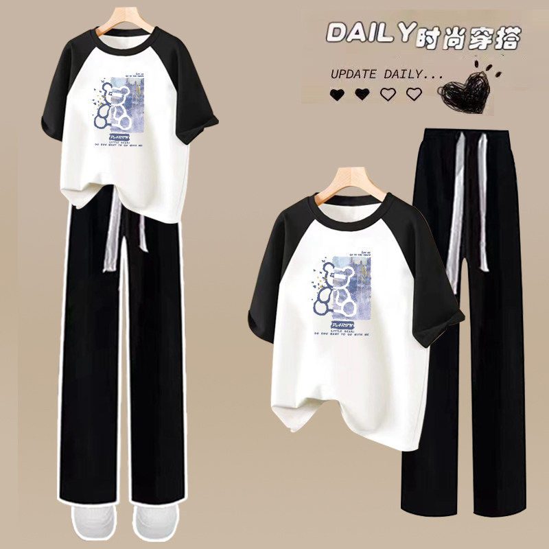 少女中学生学院风运动服套装女初中学生夏季纯棉短袖阔腿裤两件套