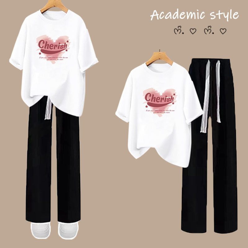 少女休闲运动服套装女夏季2026新款多巴胺减龄纯棉短袖长裤两件套