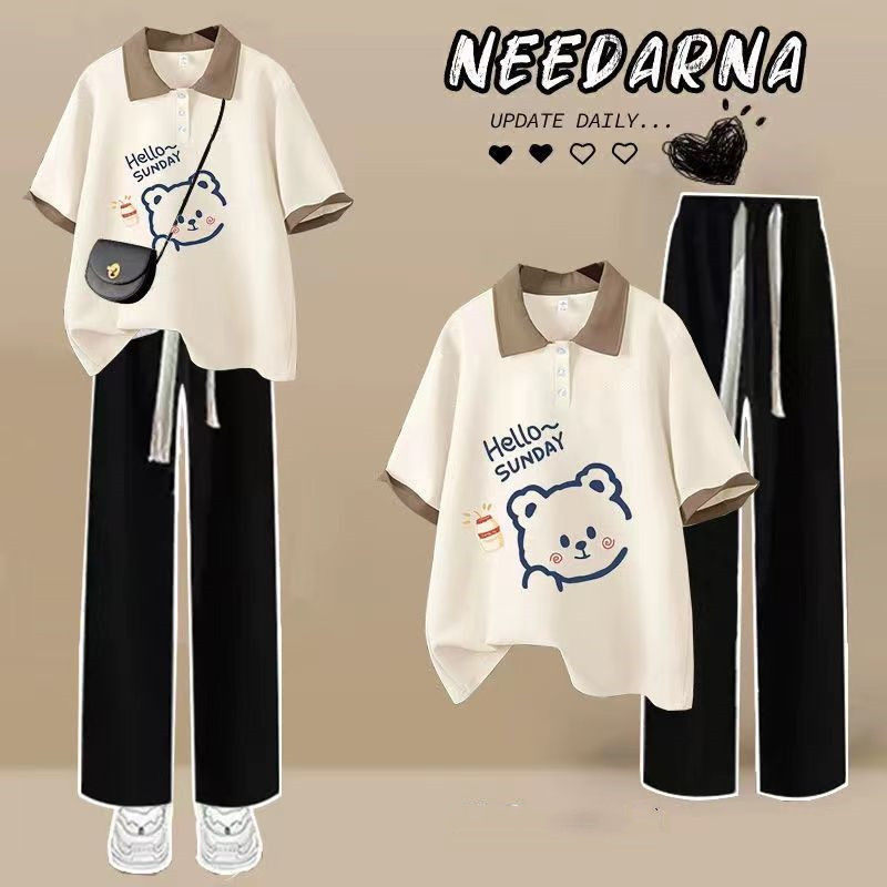 夏季运动服套装女学院风polo衫短袖长裤学生韩版宽松休闲两件套潮