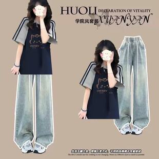 青少年女装学生初中生搭配套装夏季高初中生短袖T恤休闲裤两件套