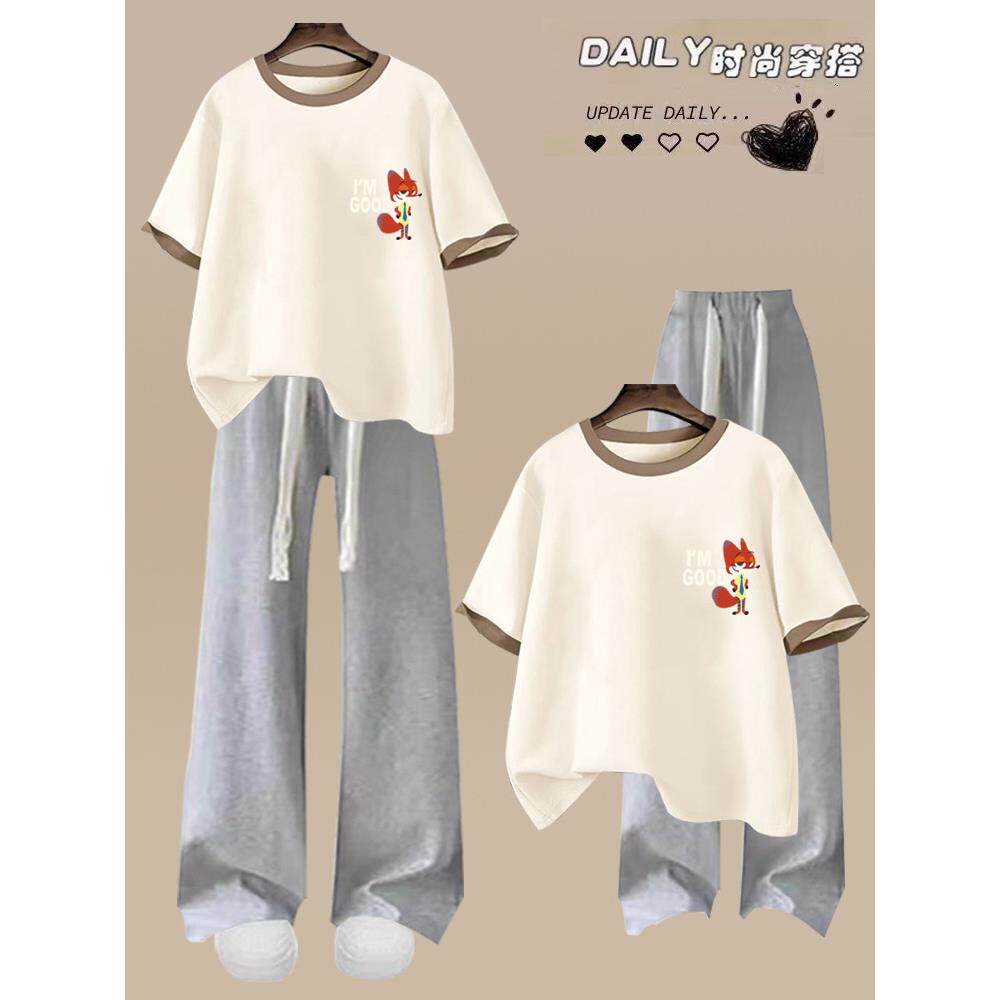 盐系少女休闲宽松运动服套装女夏季薄款学院风洋气短袖长裤两件套