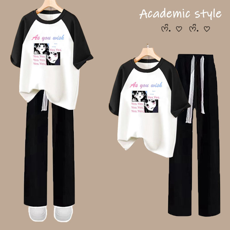 中考体育纯棉插肩T恤运动服套装女夏装休闲时尚学生跑步长裤初中