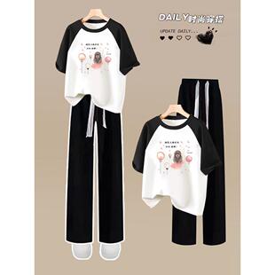 夏装纯棉上衣高中初中学生女生大童一套衣服短袖学院风两件套装潮