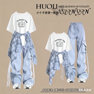 2026新款少女学院风套装夏季初中生大童防晒衬衫短袖工装裤三件套