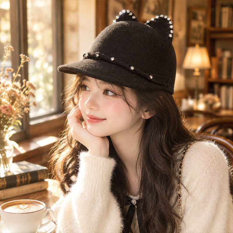 冬季猫耳羊毛保暖鸭舌帽女款