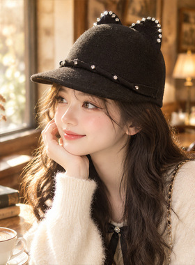 冬季猫耳羊毛保暖鸭舌帽女款