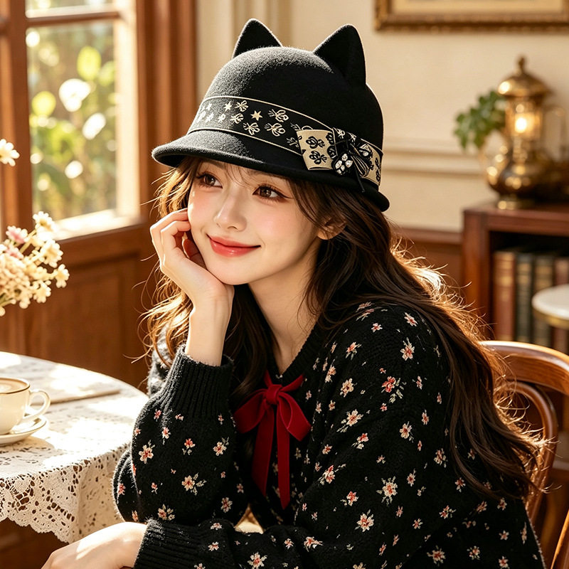 秋冬大檐猫耳毛呢保暖棒球帽