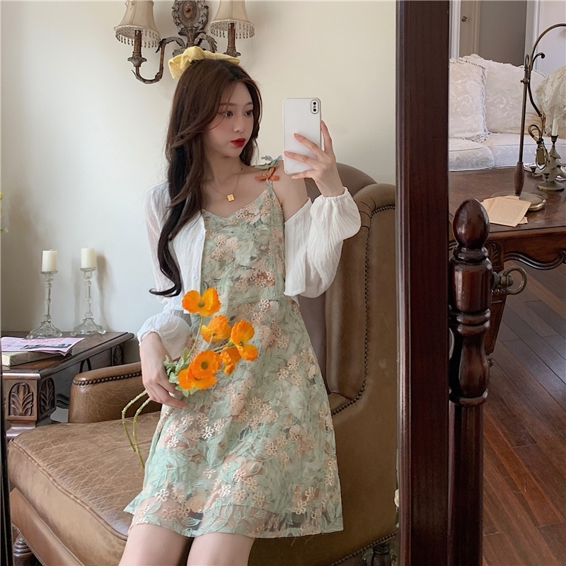 Real price ~ super fairy Green Floral Lace suspender dress + thin cardigan two piece set