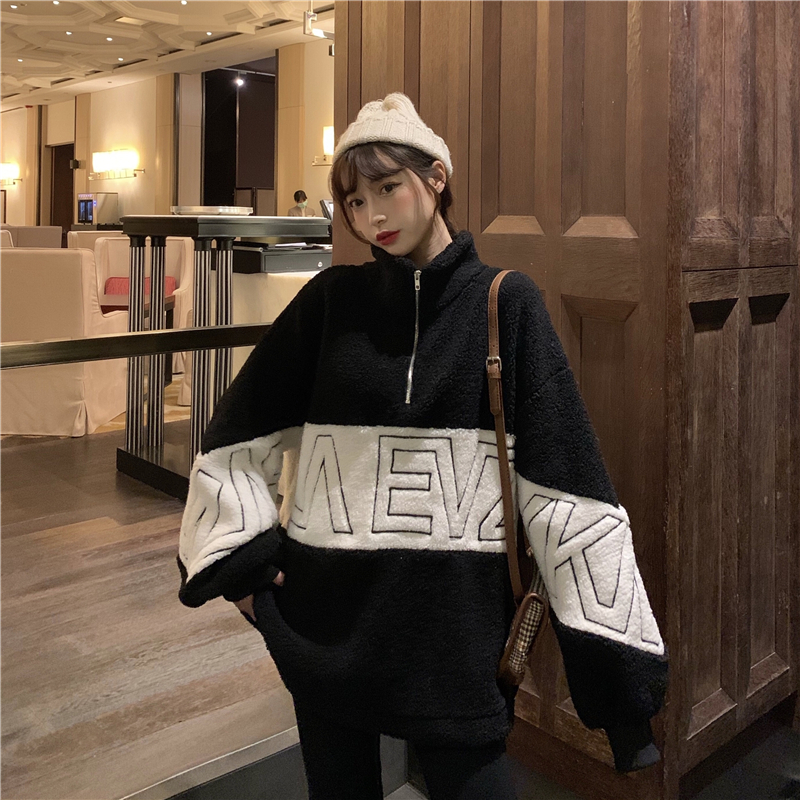 New heavy industry heavy duty heavy duty embroidered loose lamb wool sweater coat