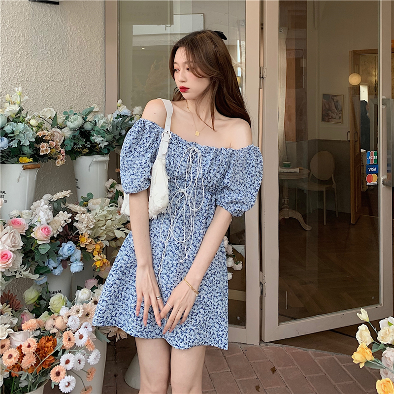 Real price small fresh floral lace up waist bubble sleeve square neck one shoulder dress