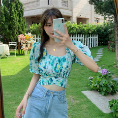 Real price French square neck retro printing bubble slim and versatile lace up butterfly navel top