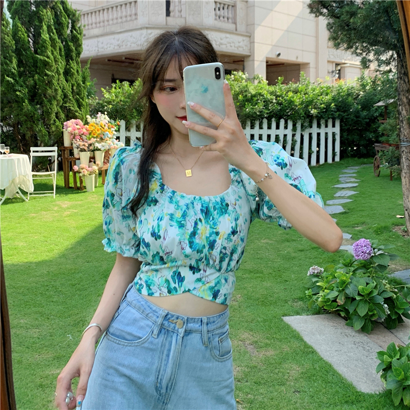 Real price French square neck retro printing bubble slim and versatile lace up butterfly navel top