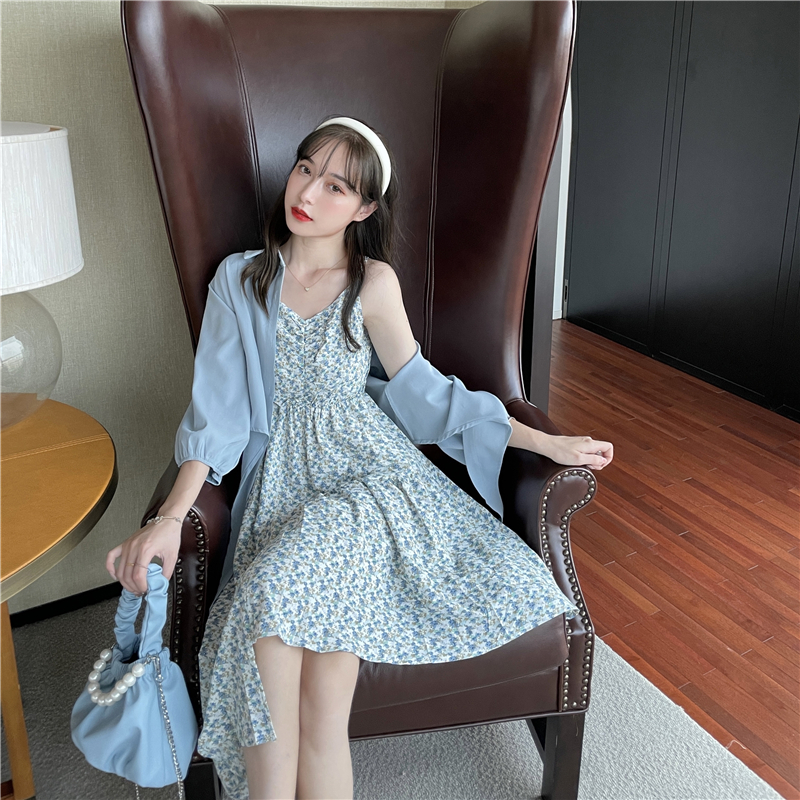 Real price Korean retro printed suspender dress + Lapel shirt sunscreen shirt two piece set