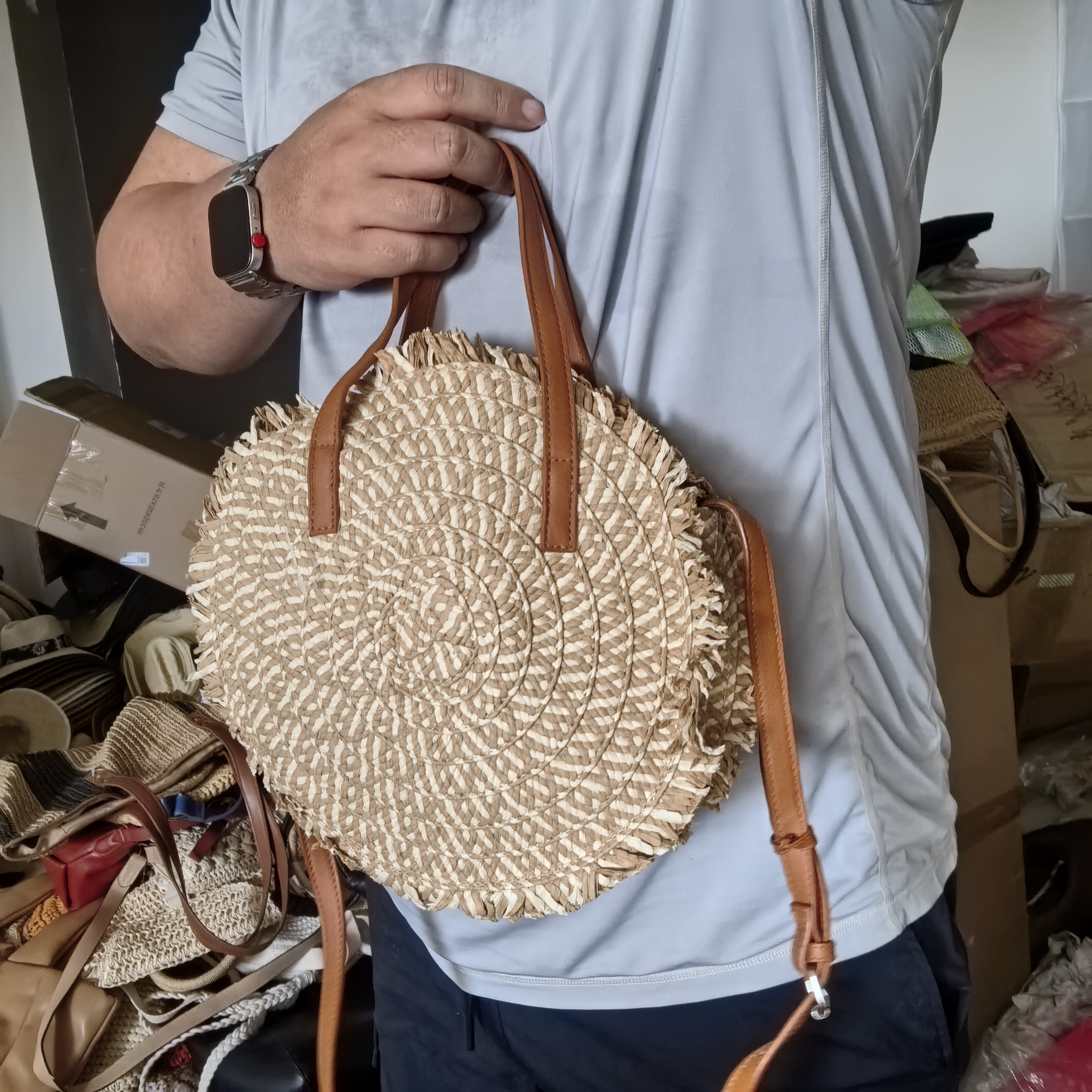 孤品草编织碎流杂花色苏手提单肩女包休闲简约设计感度假圆饼度假