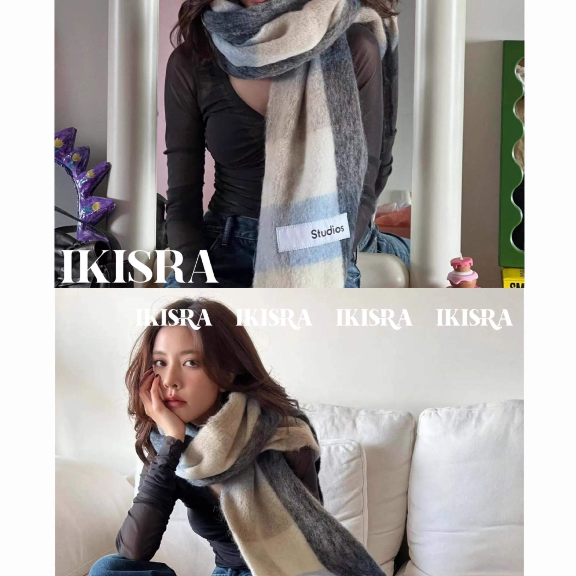 清冷感大格纹马海毛羊绒围巾围脖