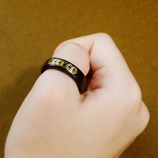 保真小叶紫檀镶纯黄铜戒指钱途无量实木指环国风铜币个性潮流饰品