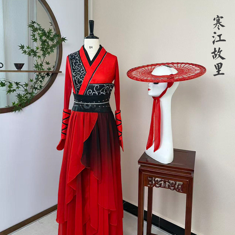 出租寒江故里古典舞蹈服装古代女款喜庆打鼓侠女表演出服租赁