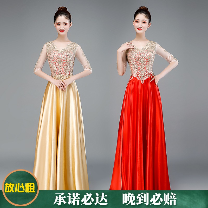 变色礼服合唱团演出服出租 女长款烫钻中袖晚礼服主持人服装租赁