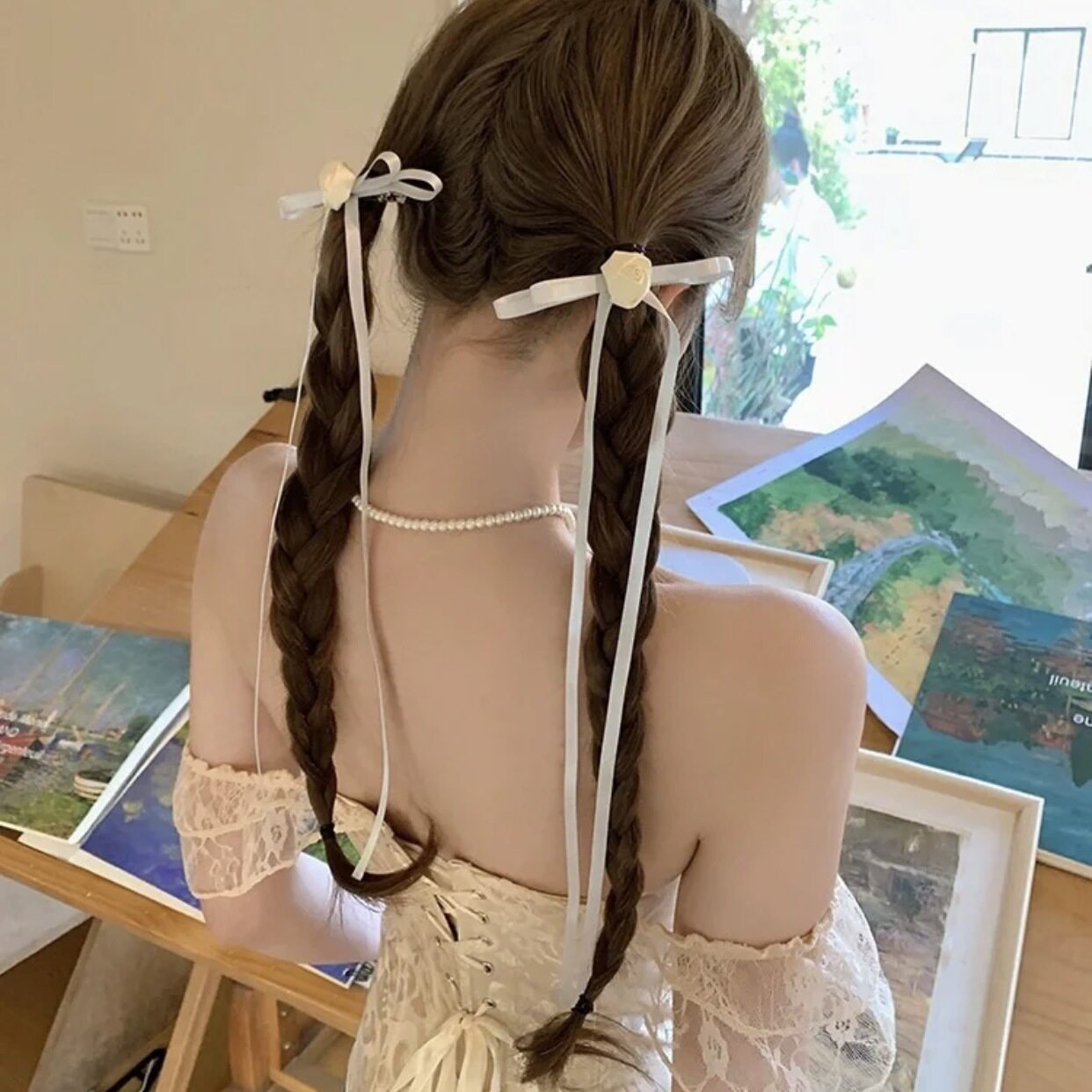 春日撒欢~玫瑰蝴蝶结飘带发夹~双马尾发夹发卡头饰气质甜美侧边夹