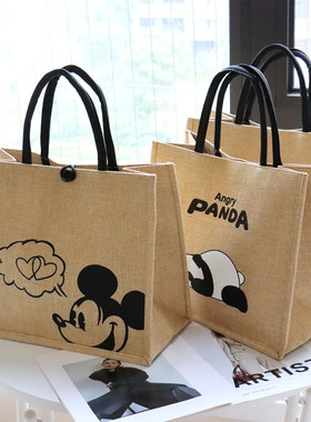 麻布手提袋女大容量帆布包包简约上班通勤托特包卡通手提包购物袋