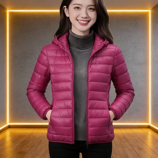 通勤风短款轻薄棉服女连帽拉链保暖外套妈妈装薄款棉袄轻便棉衣