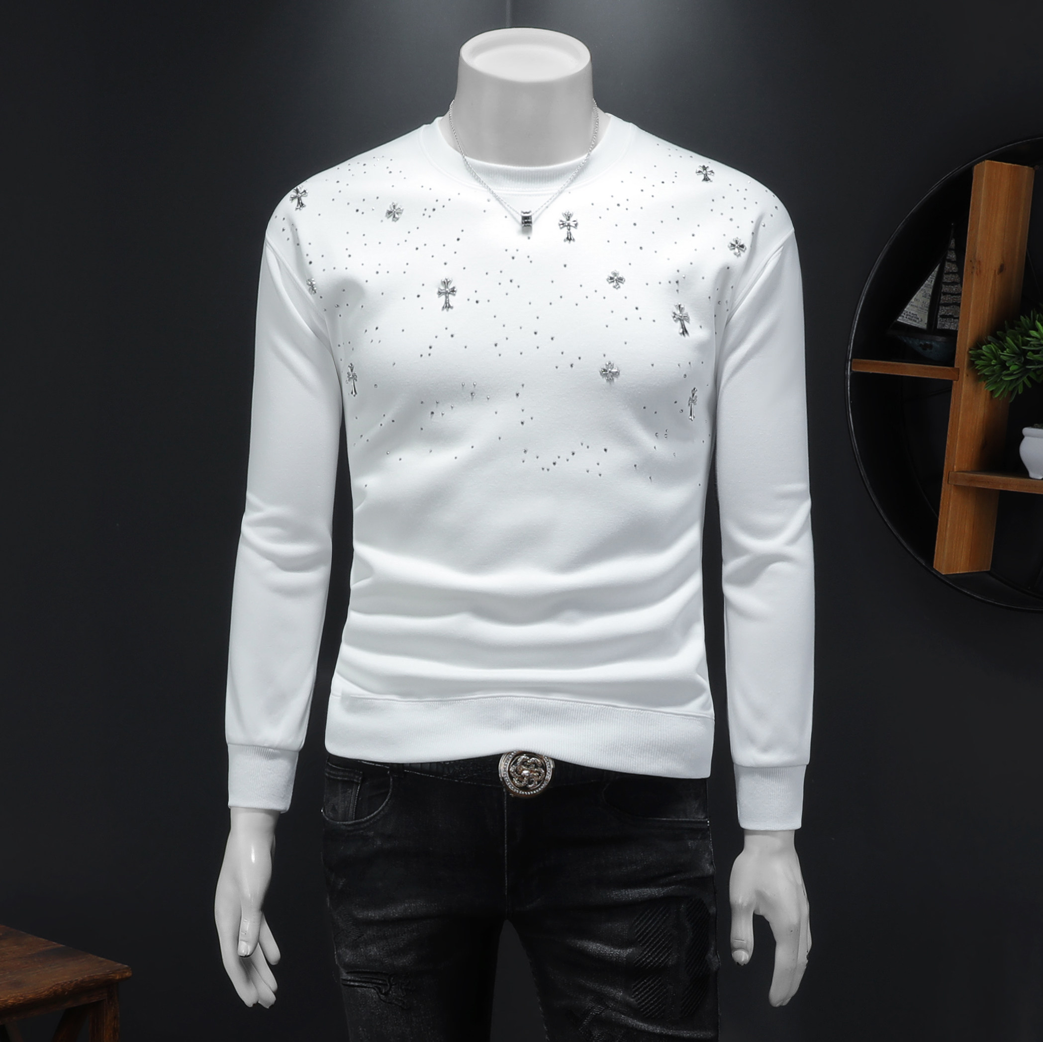 2025秋冬新款潮流休闲烫钻男士落肩长袖卫衣6606P85，男装卫衣，钱塘6018（原3088）