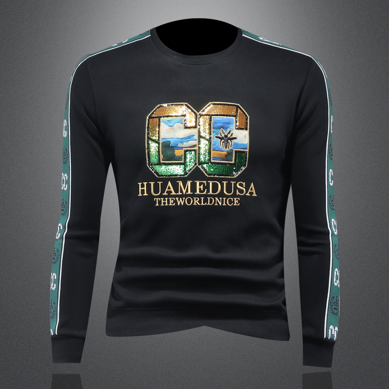 商标已授权2024秋冬新款高档休闲亮片刺绣男士长袖卫衣9016P110，男装卫衣，钱塘6018（原3088）