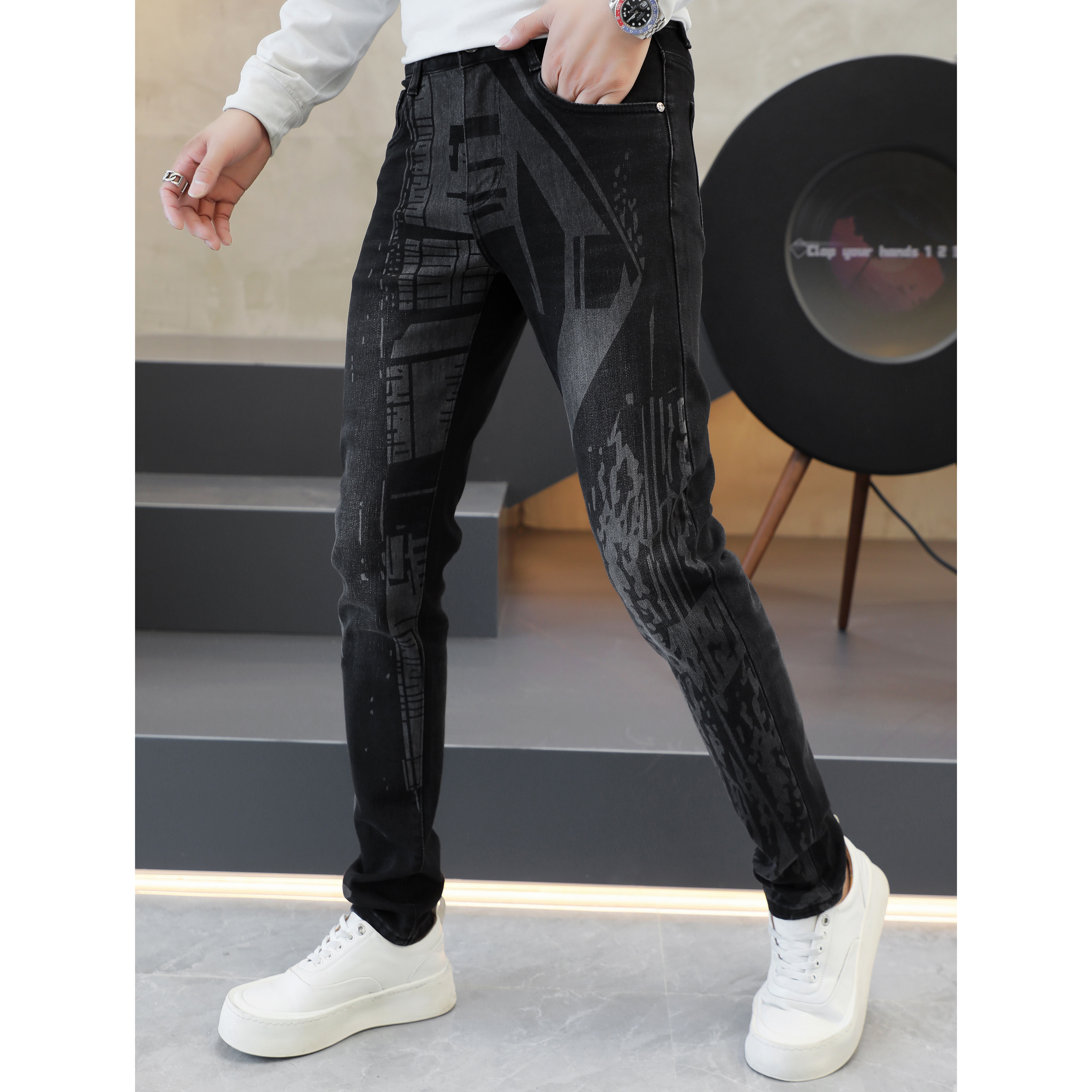 2025秋冬新款高品质修身弹力怀旧印花男士小直筒牛仔裤25372P140,商品下架区,钱塘6018（原3088）