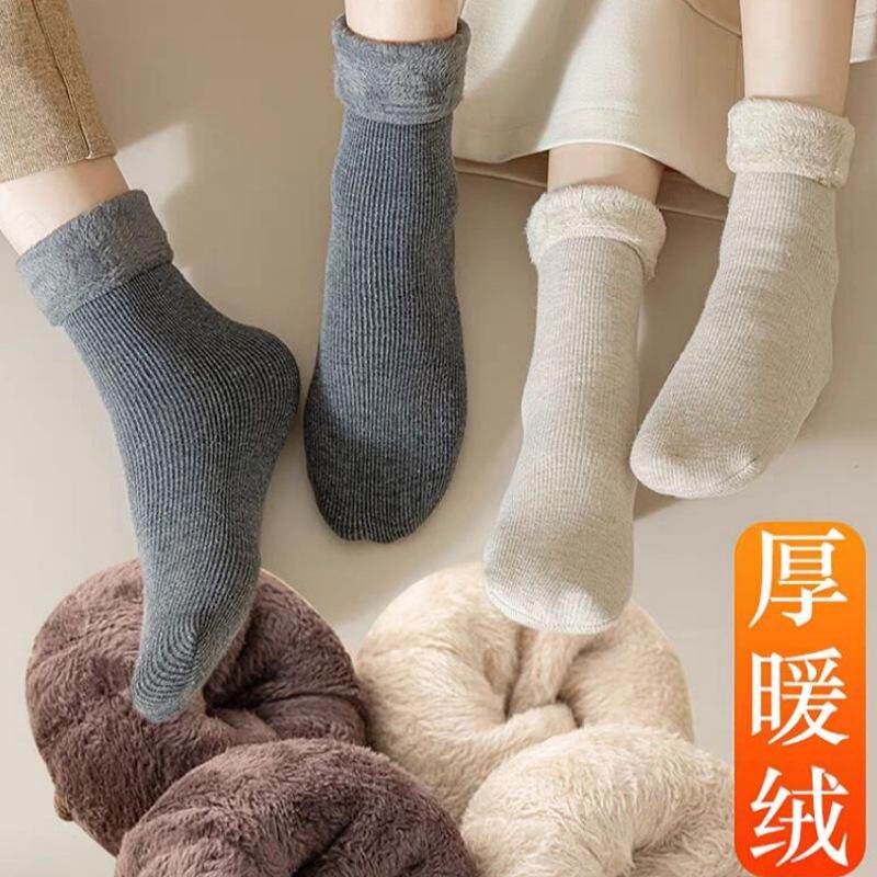 日本MUJIE冬季男雪地袜保暖女厚棉袜老年人加厚加绒睡眠中筒长袜
