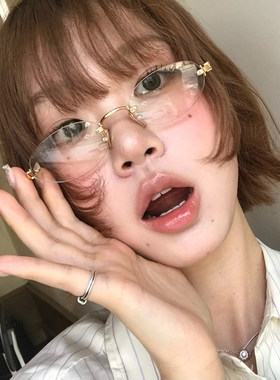 中古风无框眼镜2025新款女潮流显脸小防蓝光椭圆素颜平光镜ins风