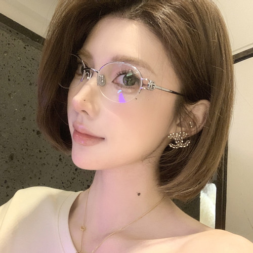 韩版高智感圆形半框文艺银丝眼镜女素颜神器气质显脸小超轻镜框潮