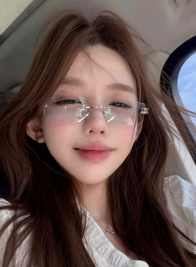 韩系氛围感无框浅蓝色太阳镜女显脸小时尚ins风凹造型街拍墨镜潮