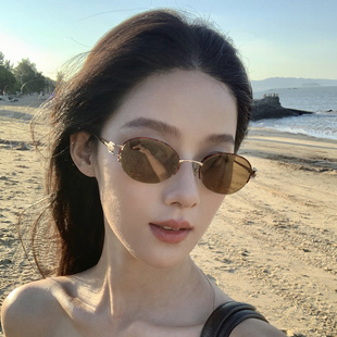 欧美金丝边半框椭圆茶色墨镜女潮老钱风高级感防紫外线时尚太阳镜