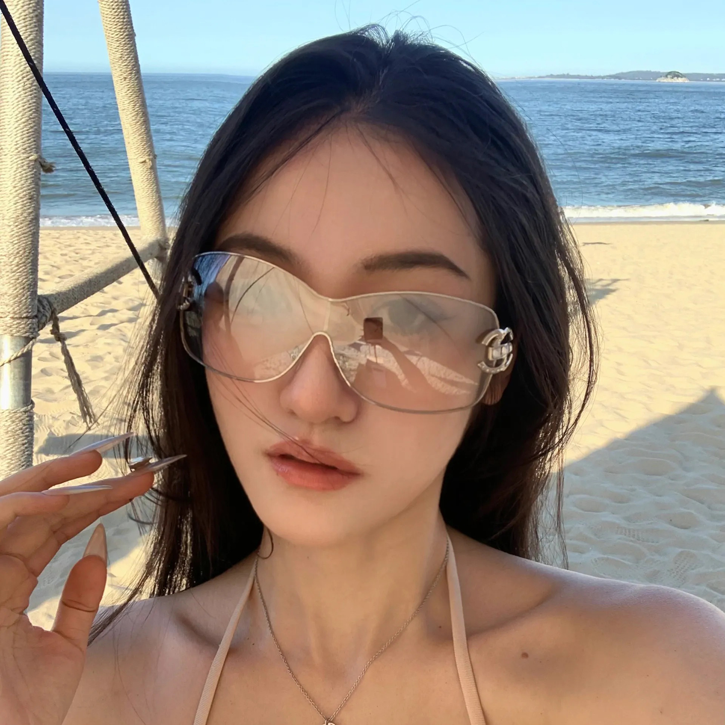 欧美水银色一体大框个性太阳镜女辣妹凹造型大脸显瘦时尚潮流墨镜