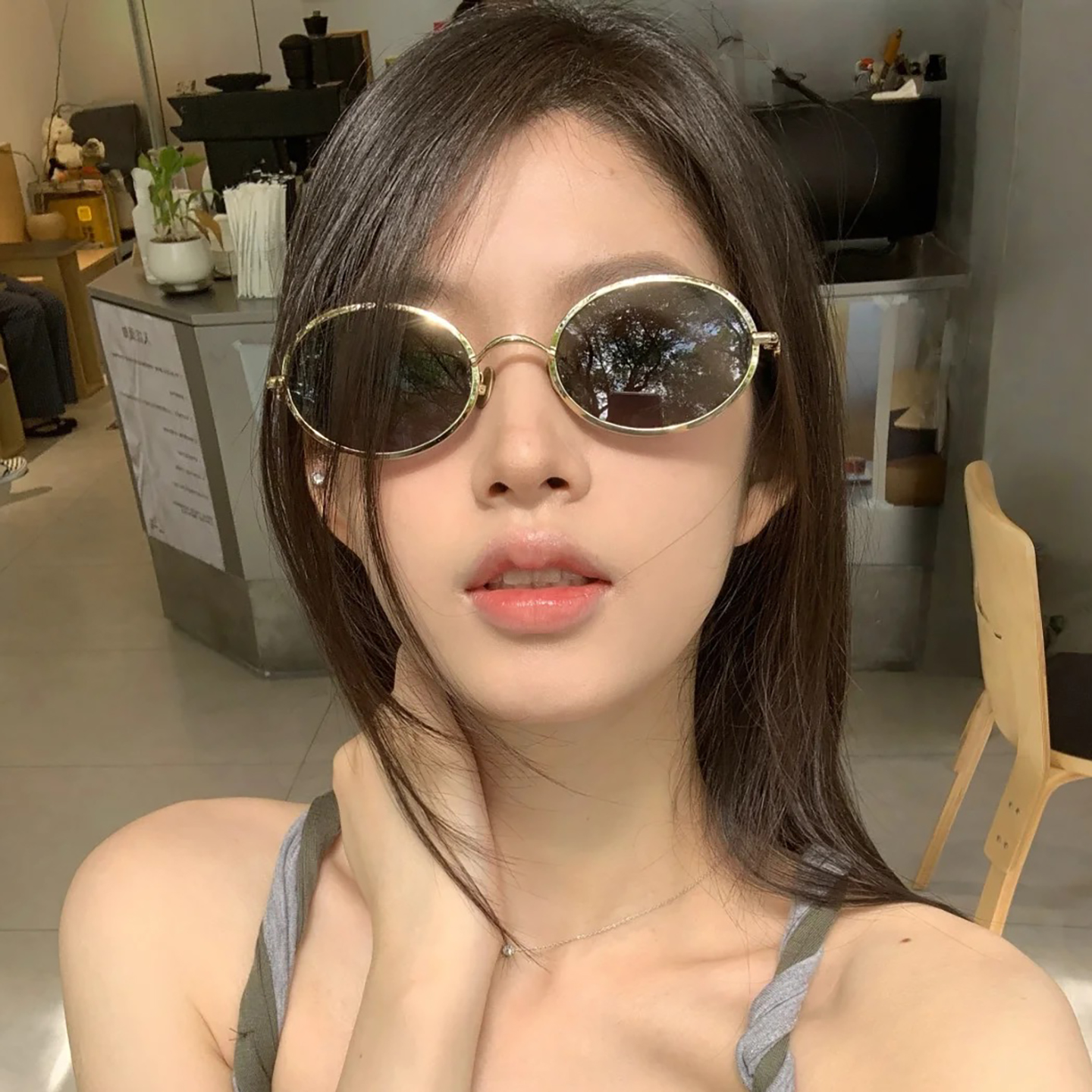 港风金属框椭圆防晒墨镜女潮时尚显脸小高级感复古太阳镜防紫外线