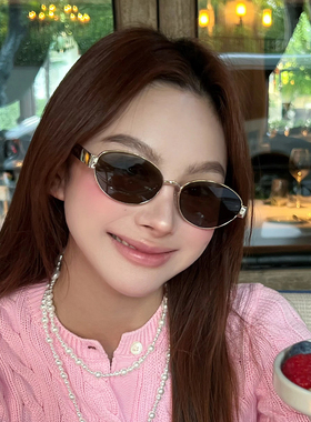 欧美时尚新款金属椭圆框太阳镜女潮方圆脸显瘦港风复古高级感墨镜