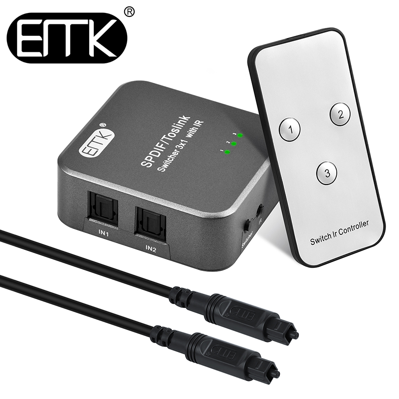 EMK/易迈克数字光纤音频切换器3进1出带遥控器三进一出带线转换器