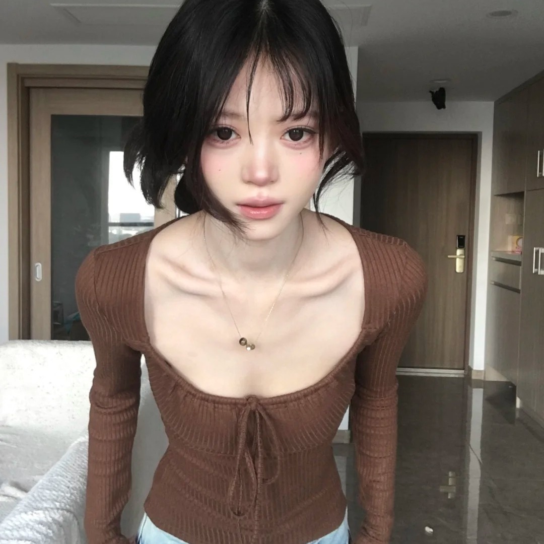 美式辣妹方领绑带长袖内搭T恤女