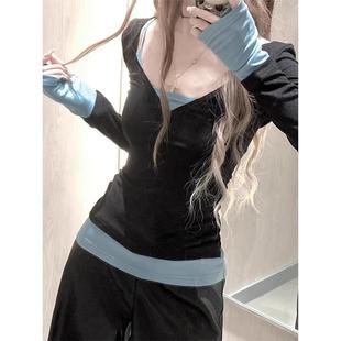 修身 美式 内搭打底衫 假两件撞色拼接长袖 显瘦甜辣妹上衣 t恤女春季