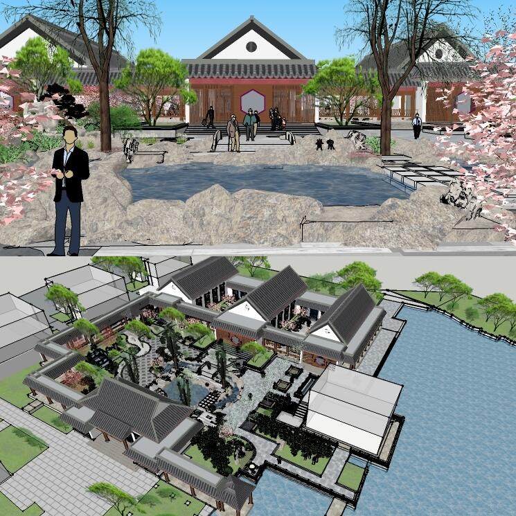 滨水新中式民宿度假村会所游客服务中心建筑庭院草图大师SU模型