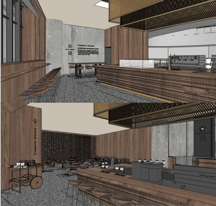 原木风咖啡厅奶茶店水吧书吧餐厅中岛操作台吧台草图大师SU模型