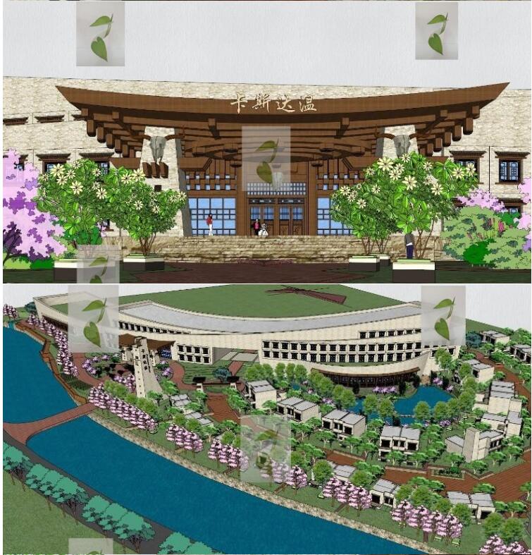 新中式羌族风格特色游客接待中心酒店会所毛石建筑SU模型sketchup