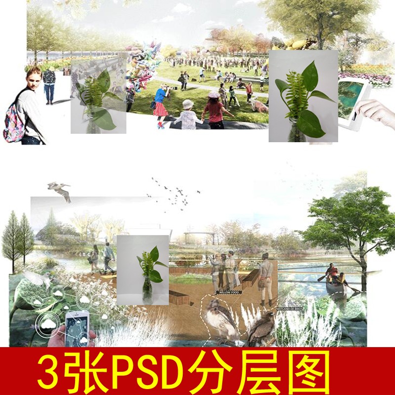 景观拼贴竞赛风ps素材滨水湿地滨湖公园亲水平台psd分层效果图